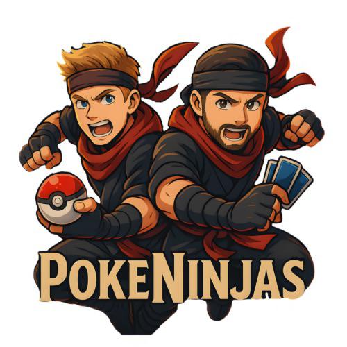 Illustration av de två PokeNinjas-kreatörerna med pokéboll och samlarkort